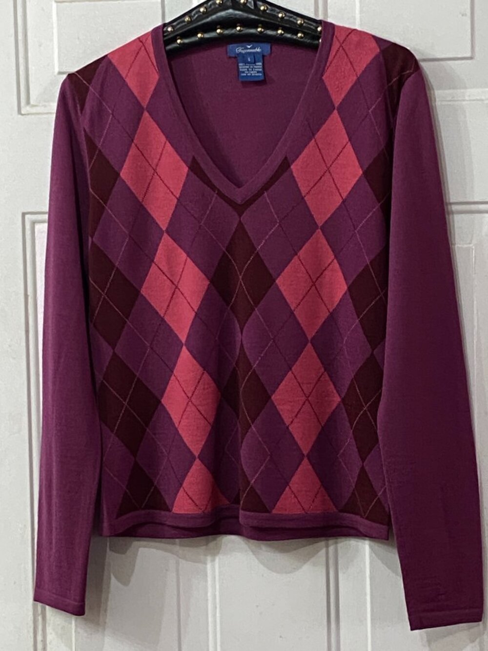 Faconnable Sz S Merino Wool Womens Argyle Sweater V-Neck Burgundy/Pink